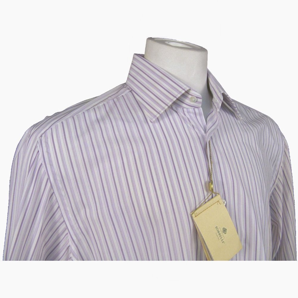 NEW $485 Borrelli Dress Shirt! 16 1/2 L  e 42  White Purple Stripe  French Cuffs